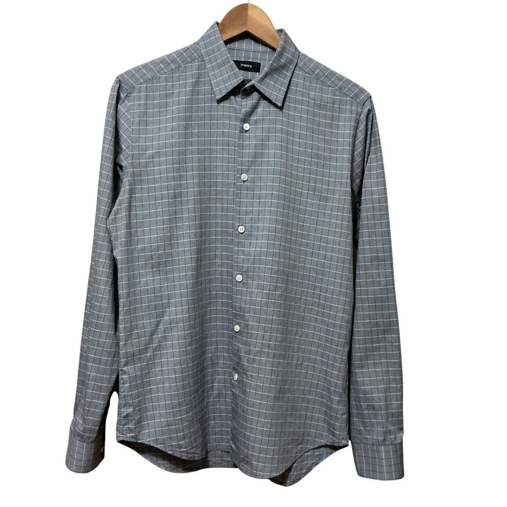 Theory Mens Button Down Shirt M Cotton Grey White Long Sleeves Wedding Formal